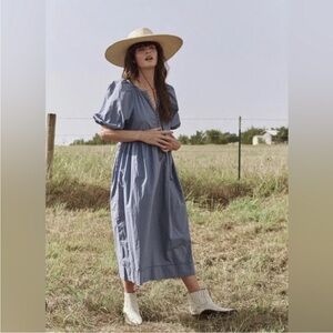 The GREAT. 0 Ravine dress blue cotton midi dress puff sleeve prairie cottage